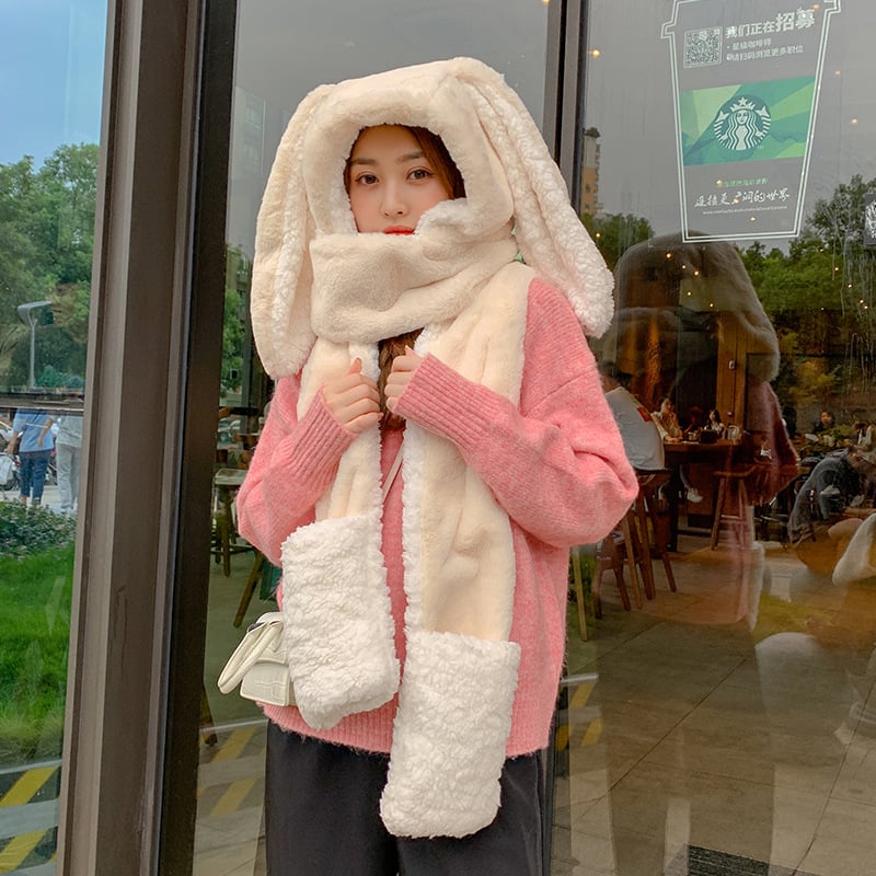 Cute Rabbit Ears Plush Hat Scarf and Gloves Set