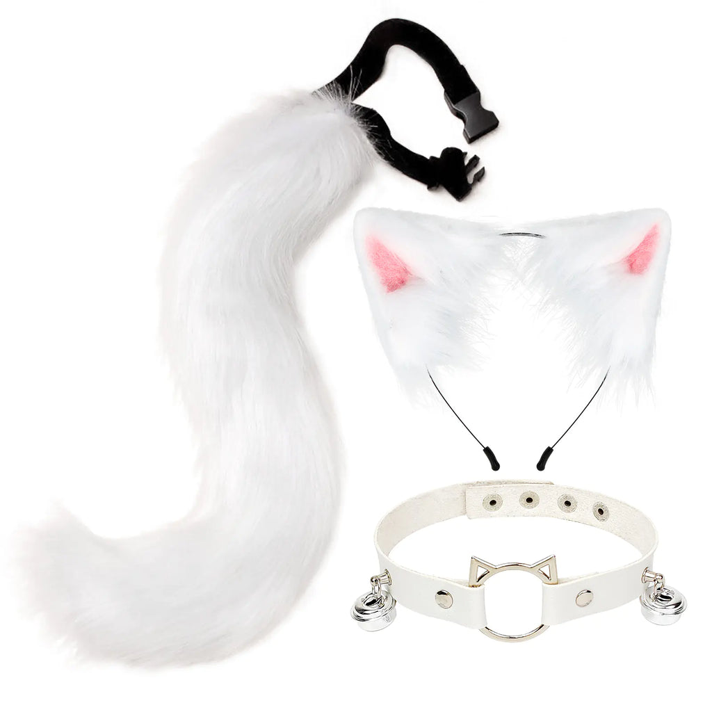 Conjunto de accesorios de diadema con orejas de gato falsas y cola de zorro