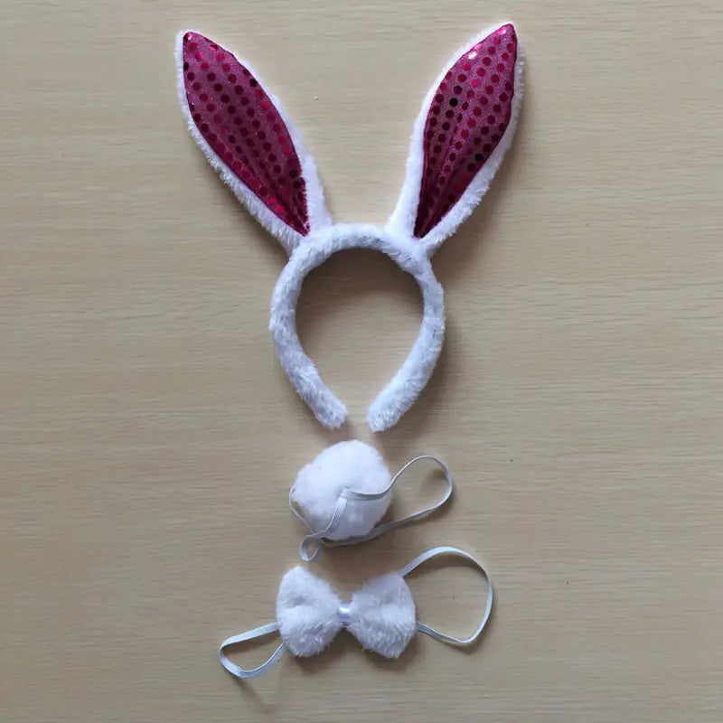 Conjunto de accesorios de diadema con orejas de conejo, cola y lazo.